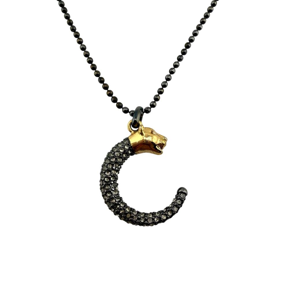 Stella and Dot Panther Rhinestone Pave Crescent Gold Detail Gunmetal Necklace